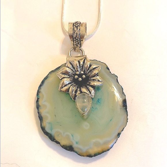 Jewelry - 2 inch, 925 marked, Solar Agate, Rainbow moonstone on a 24 inch silver chain.
